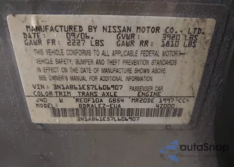 2007 Nissan Sentra 2.0S z USA, uszkodzony, nr VIN 3N1AB61E57L606907